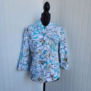 N Touch Womens Top Blazer Aqua Blue White Floral Buttons 3/4 Sleeve Stretch Sz 6